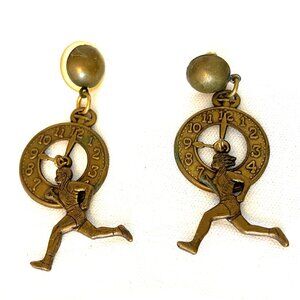 Bronze Atheletes Running In Front of A Clock Earrings